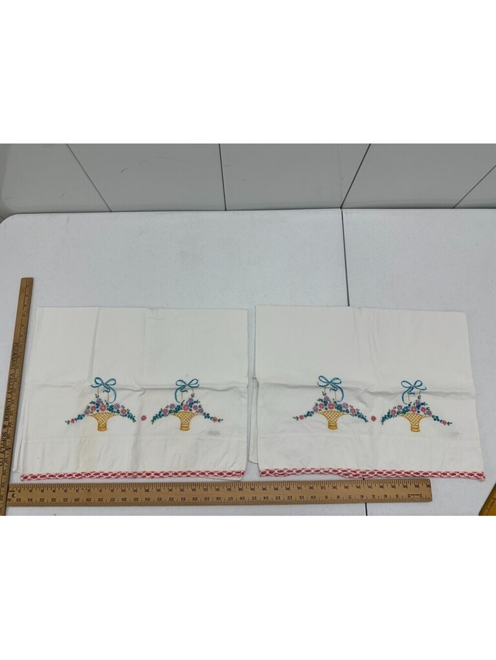 2 Vintage Flowers in Basket Floral Cotton Hand Embroidered Pillowcase Penney's